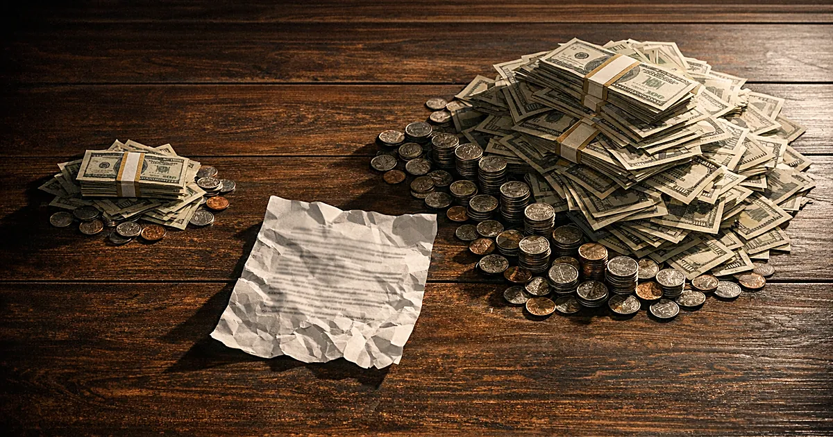 Overhead view of two unequal money piles on table showing 3-to-1 spending disparity with campaign memo between them