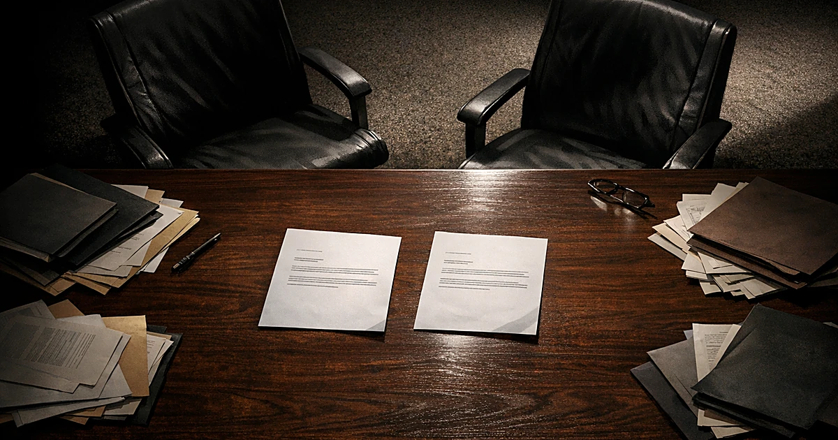 Empty chairs pushed away from boardroom table with dismissal letters and scattered documents, dramatically lit