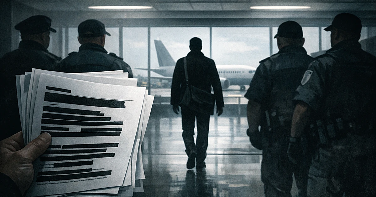 Silhouetted traveler walking through airport security as border agents stand by and redacted documents appear in foreground