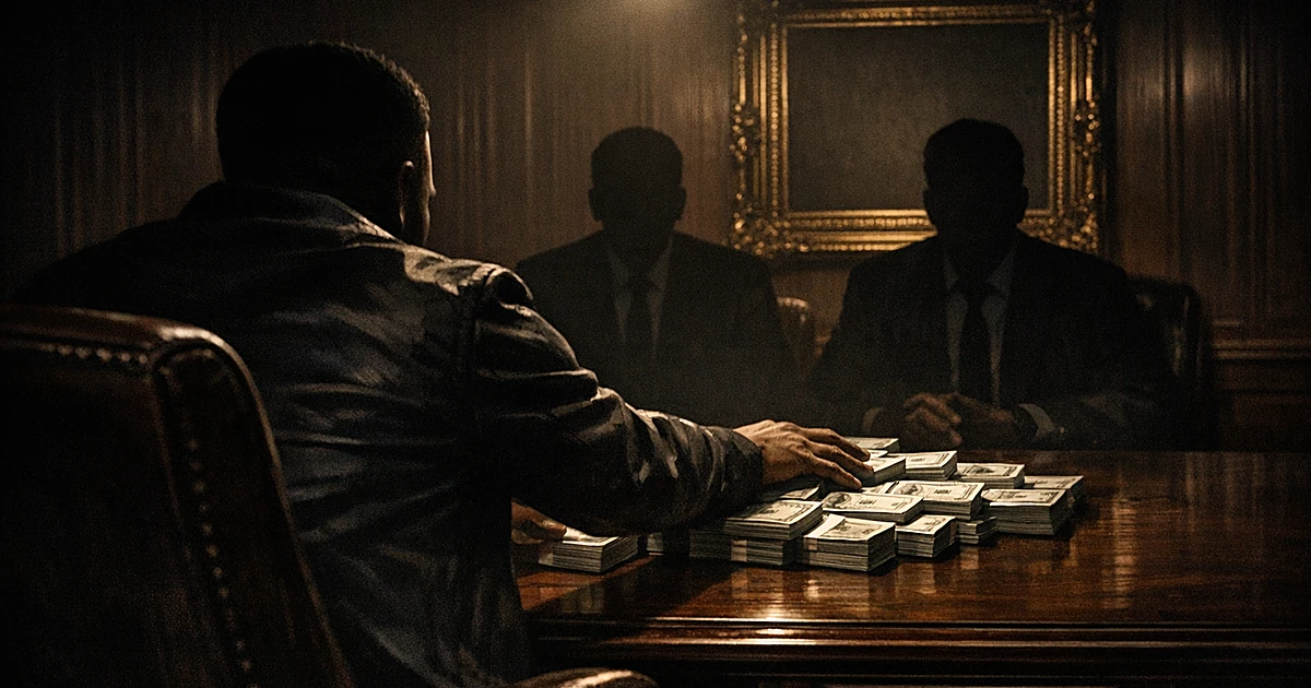 Silhouetted figures at desk exchanging cash with empty ornate frame on wall behind them in dimly lit room