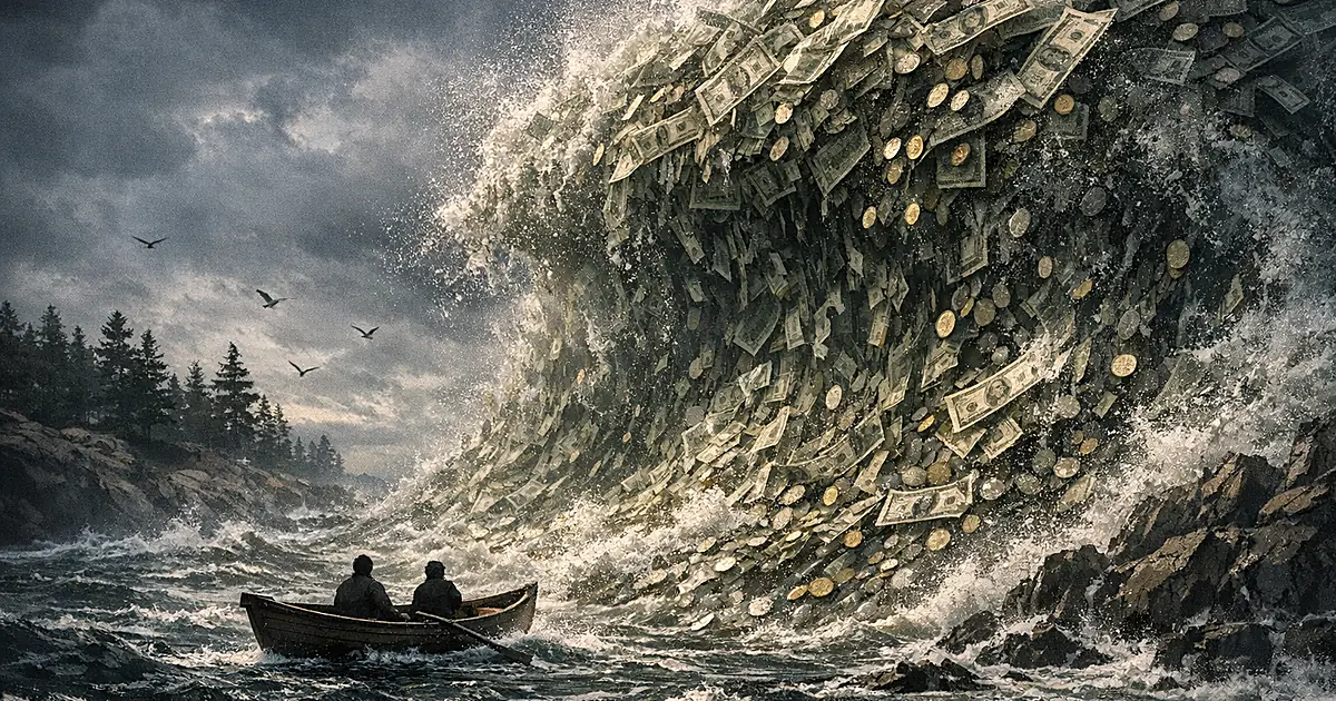 Enormous wave of money crashing toward small boat in stormy Maine coastal waters with pine tree silhouettes