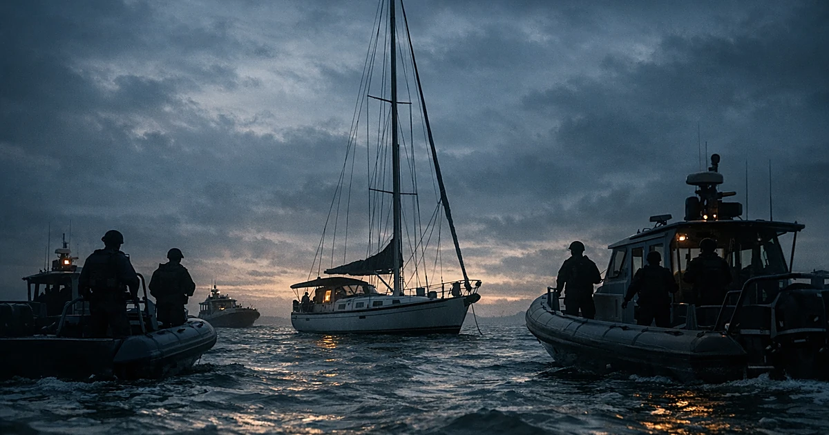 Law enforcement boats surrounding a sailboat at sea during a fugitive capture operation at dusk