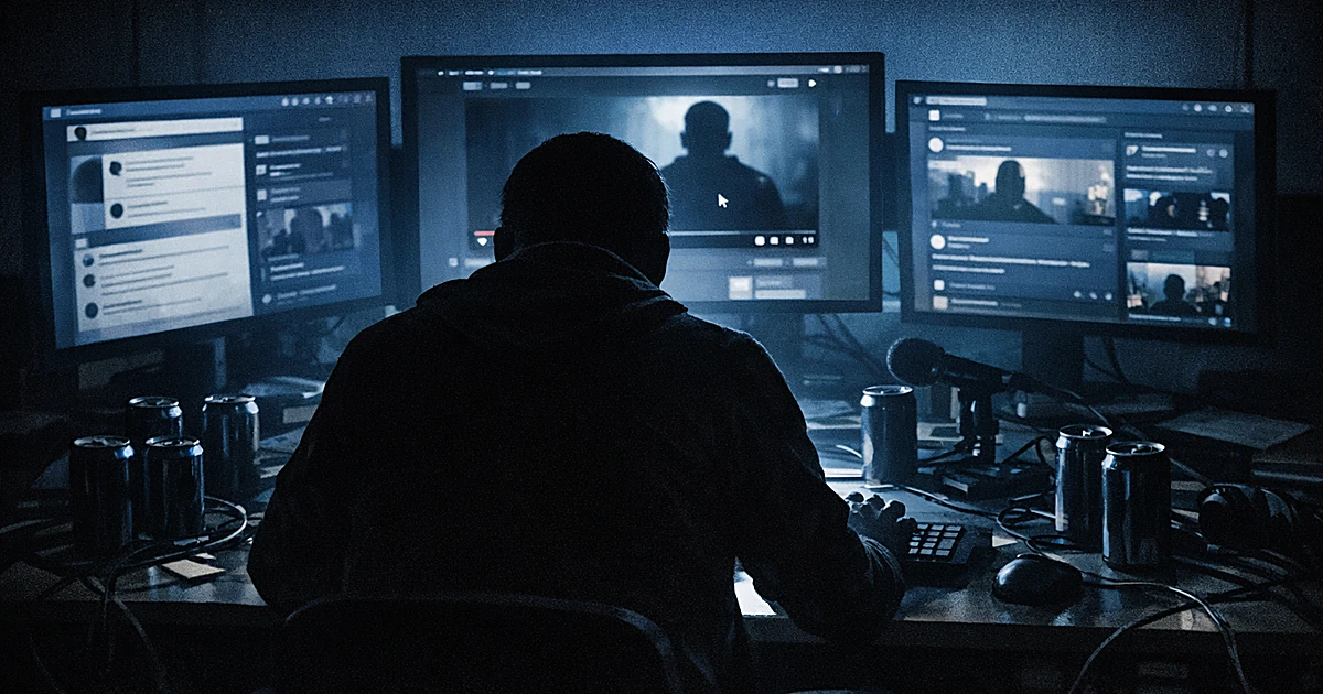 Silhouetted figure at computer workstation with multiple glowing monitors in dark room