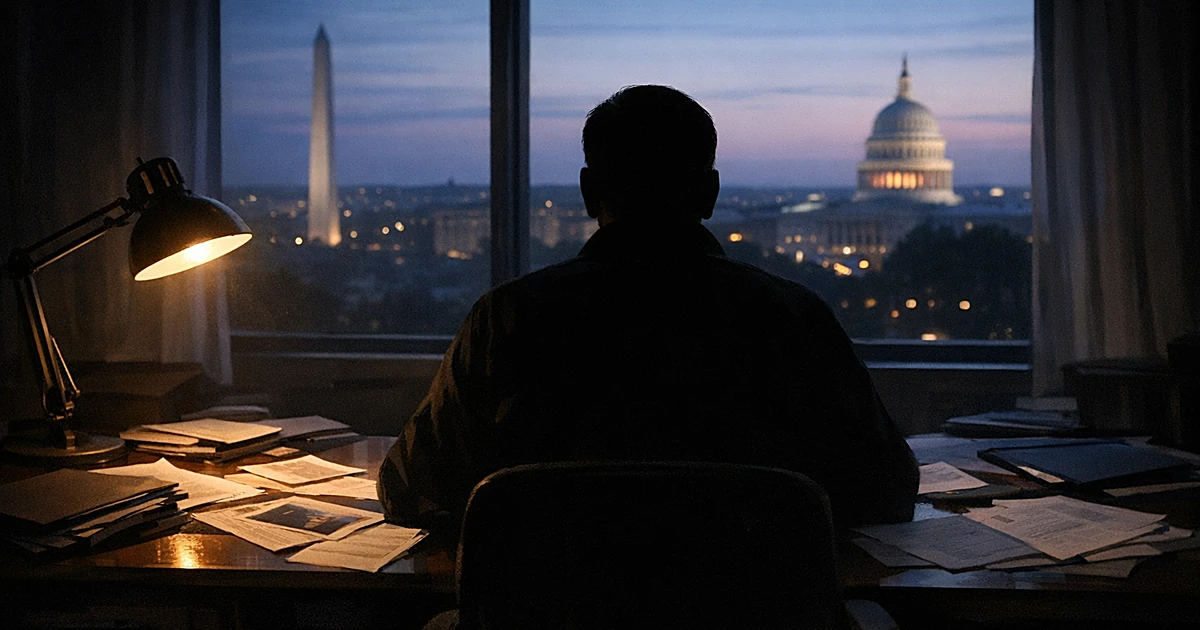 Silhouetted person at desk with documents, government buildings visible through window in background