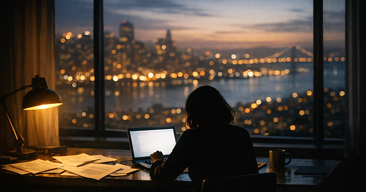 Silhouetted person writing at laptop in dark room with city lights visible through window behind them