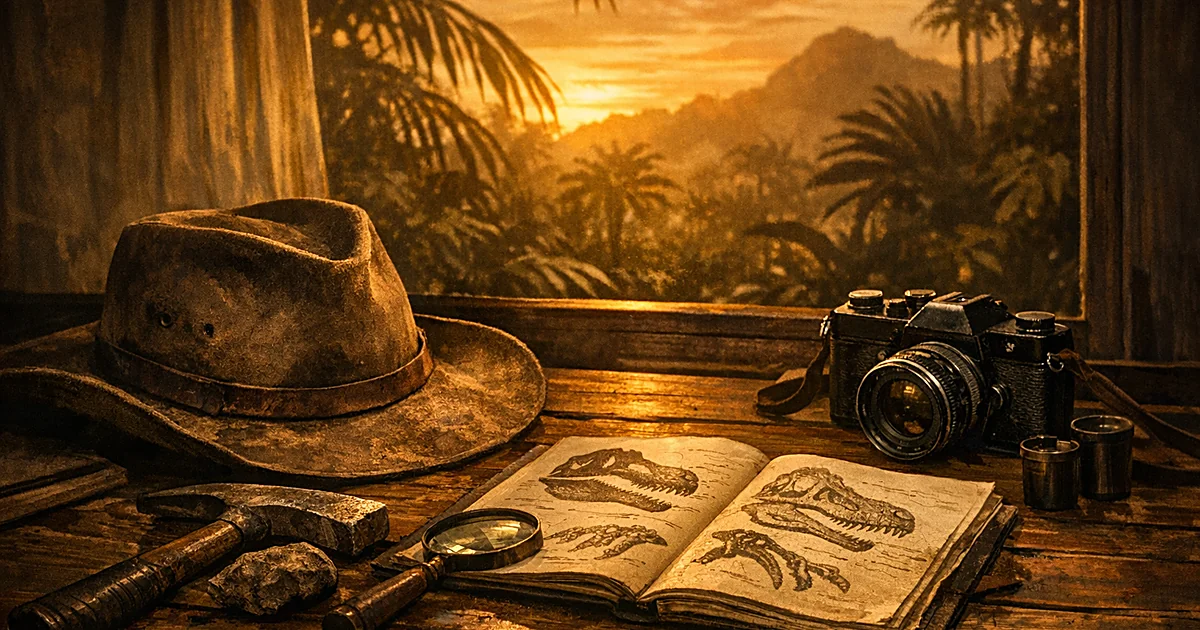 Paleontologist's hat and tools on table with dinosaur sketches, ferns silhouetted in window at sunset