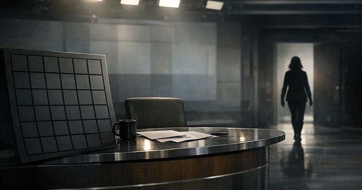 Empty TV studio desk with game show letter tiles in foreground and silhouetted figure walking toward exit