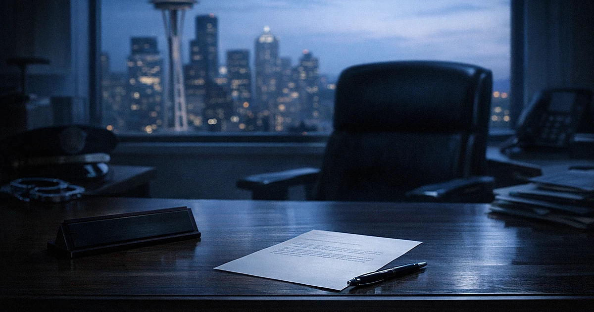 Empty police chief's desk with resignation letter, turned-down nameplate, and city skyline visible through window