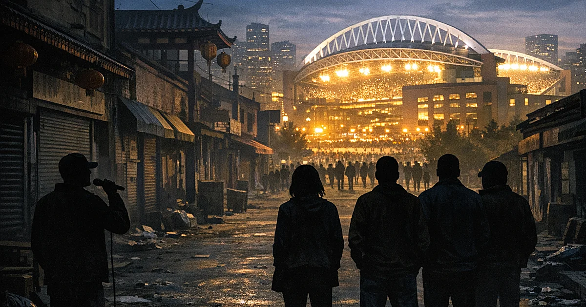 Silhouetted figures on neglected street with shuttered shops, distant illuminated stadium in background
