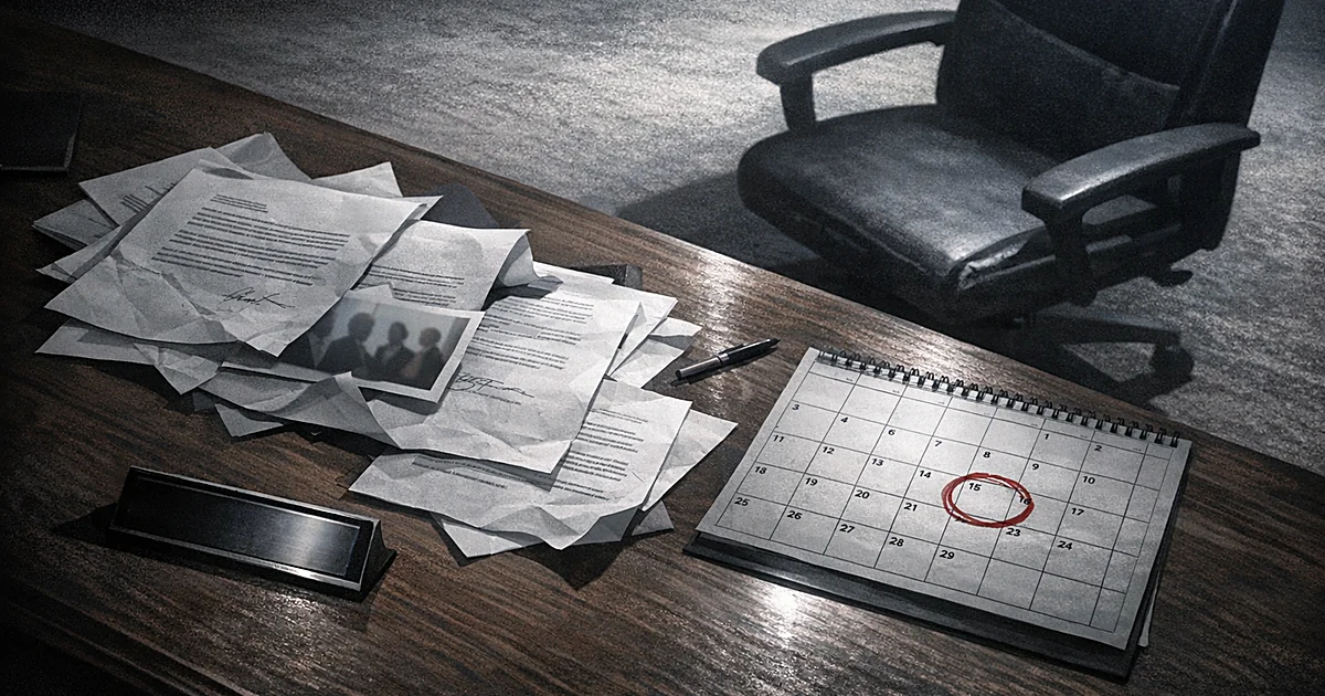 Abandoned campaign desk with scattered papers, overturned nameplate, and calendar showing deadline date