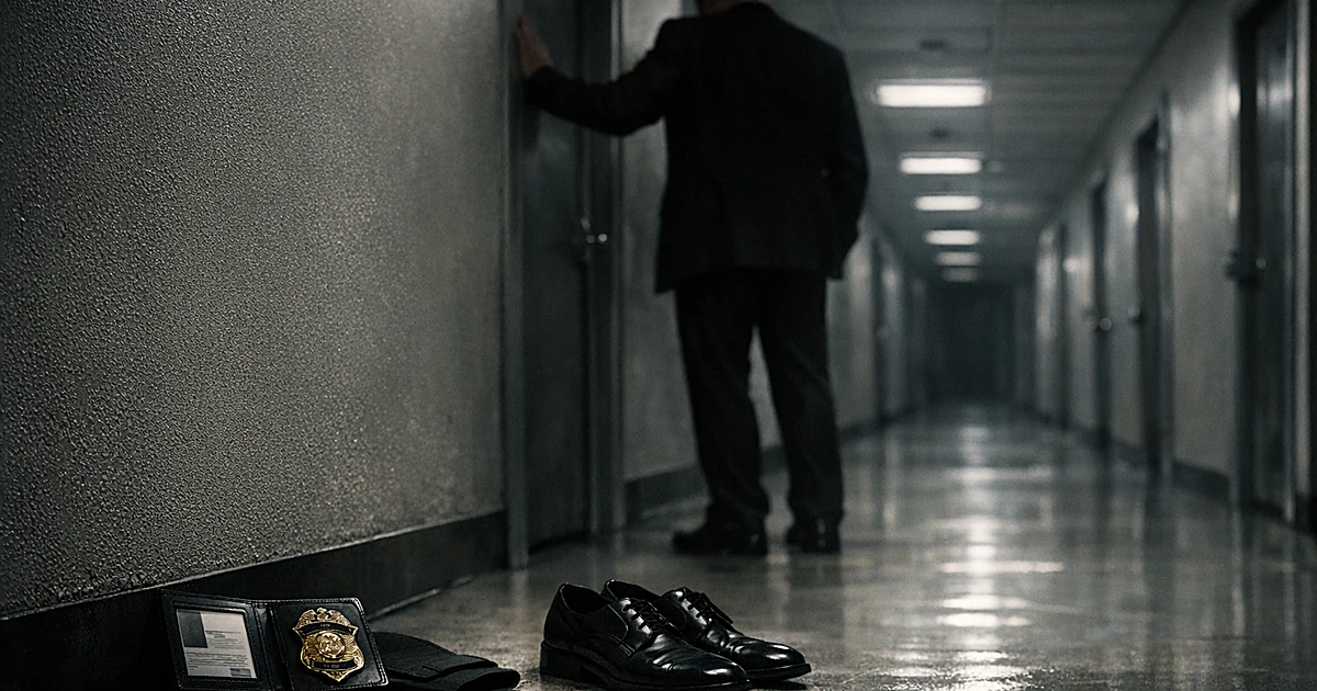 Silhouetted figure in suit standing in dim hallway with credentials on floor, depicting law enforcement disgrace