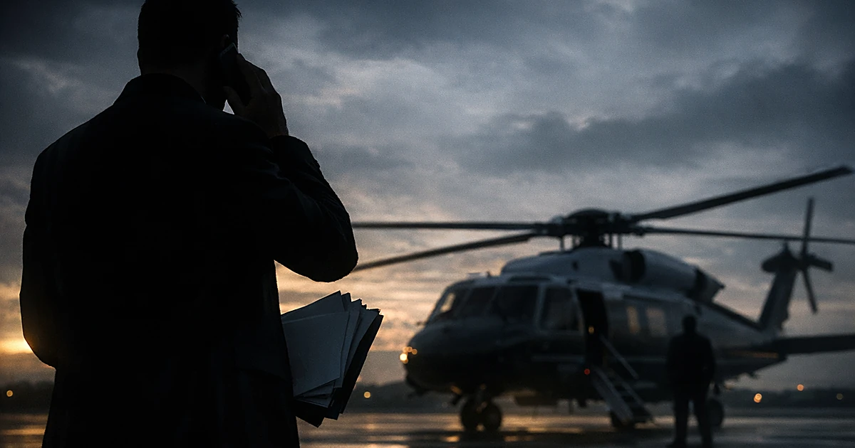 Silhouetted figure on phone near helicopter on tarmac, suggesting unauthorized communication and security breach
