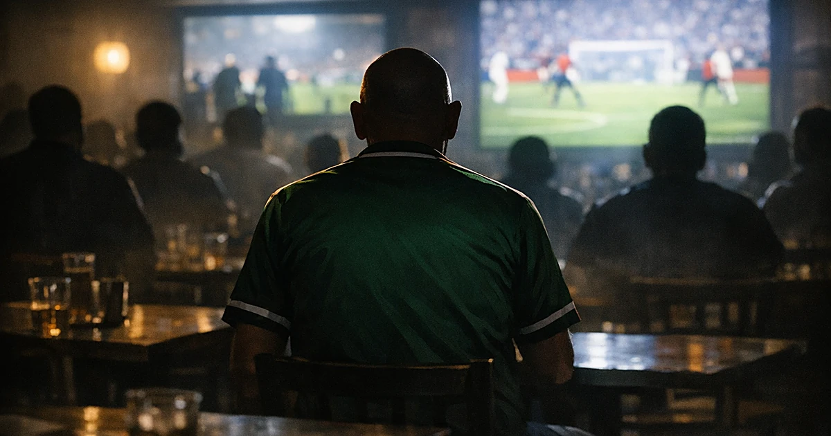 Silhouetted person in green jersey from behind in crowded sports bar watching screens with other shadowy figures