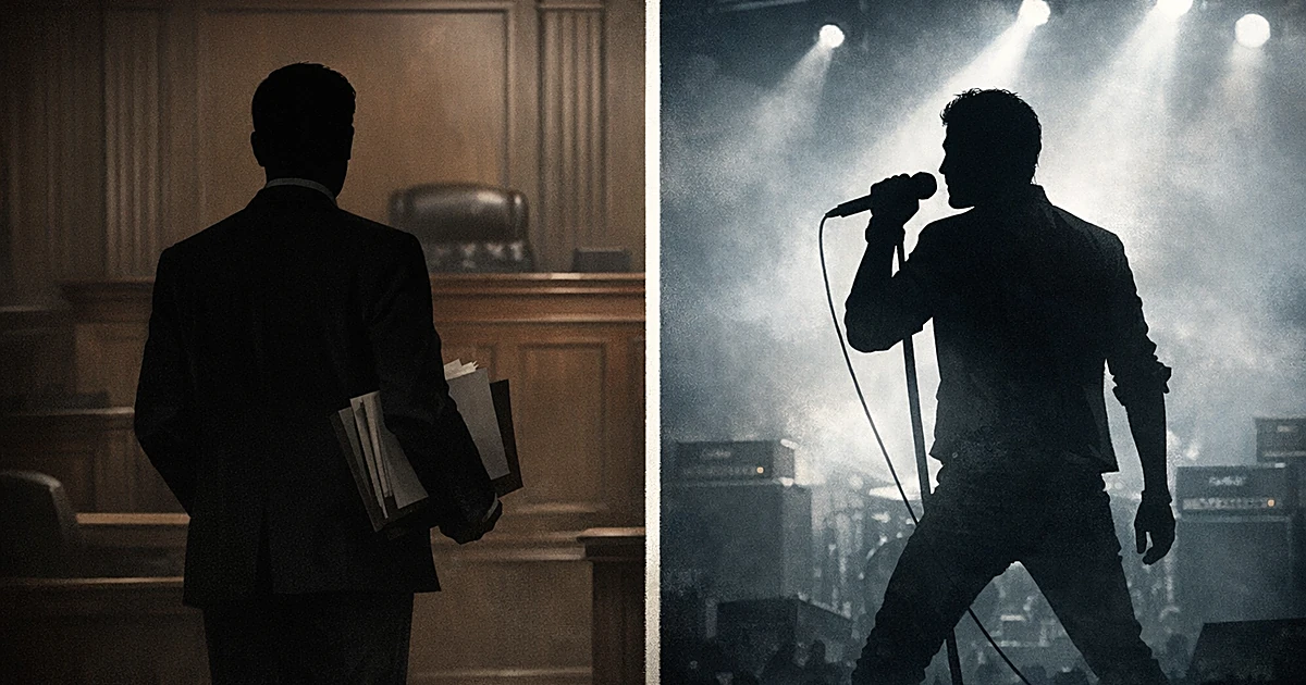 Split scene showing courtroom silhouette with legal documents on left and concert performer silhouette on stage on right
