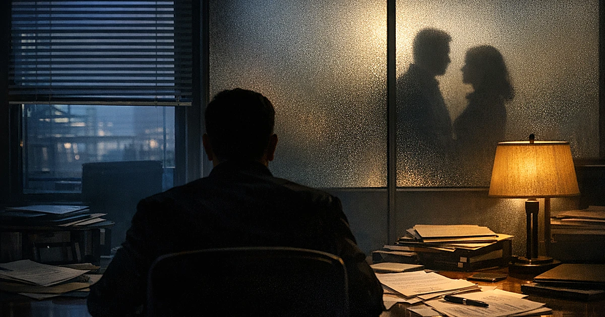 Silhouetted figure at desk in Capitol office with shadows visible through frosted glass partitions