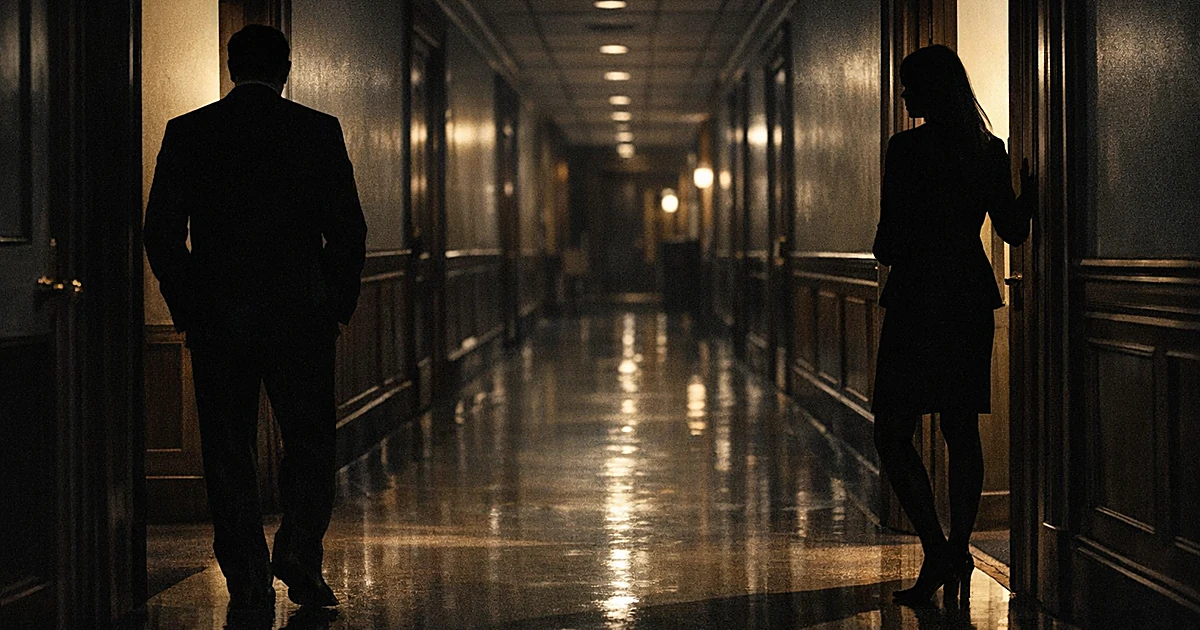 Dark office hallway with silhouetted figures in doorways suggesting workplace relationships in congressional setting