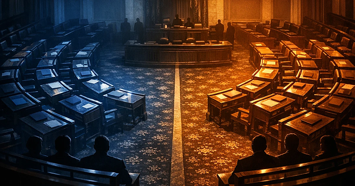 Senate chamber interior with desks divided by central aisle, lit with contrasting blue and amber tones on each side