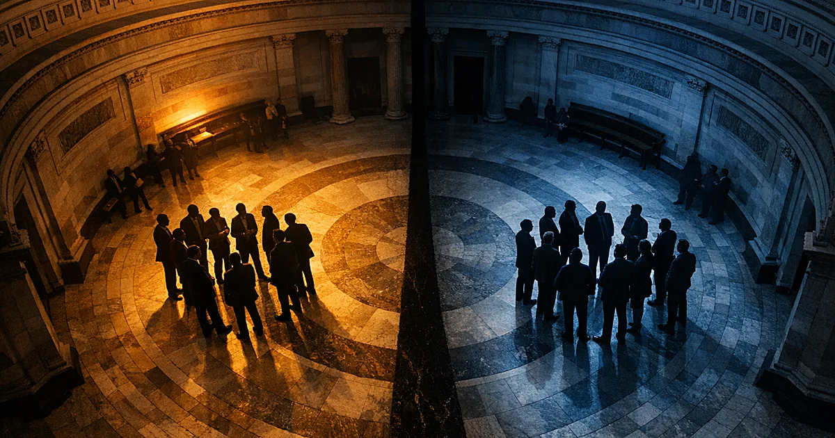 Overhead view of Capitol rotunda with silhouetted figures divided on opposite sides by dramatic lighting contrast
