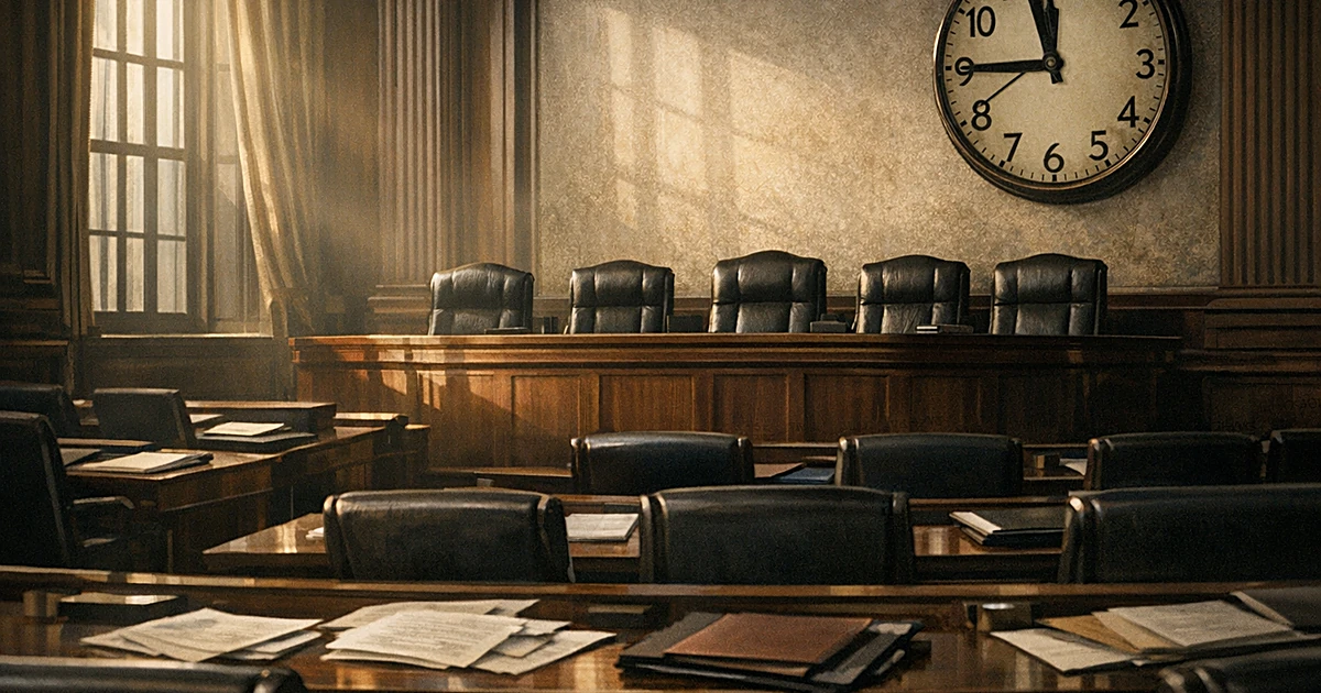 Empty Senate chamber with vacant seats at confirmation bench and clock showing time passing