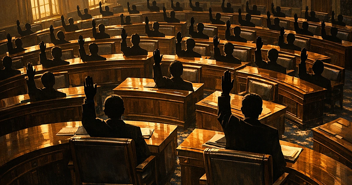 Overhead view of Senate chamber with 100 desks, each showing a raised hand silhouette casting shadows in golden light