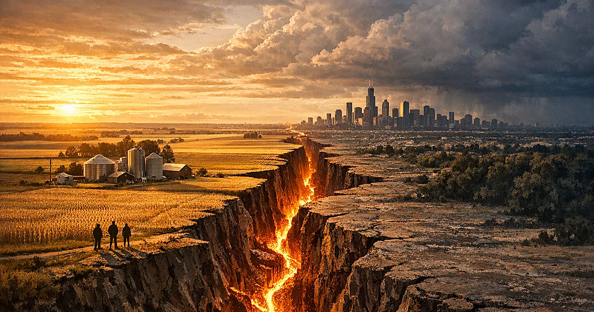 Aerial view of rural farmland separated from distant city skyline by a glowing crack in the earth