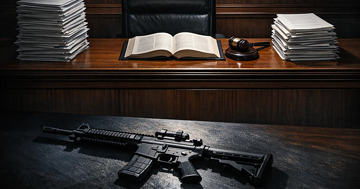 Overhead view of judge's bench with gavel, law books, and rifle silhouette representing court ruling on weapons ban