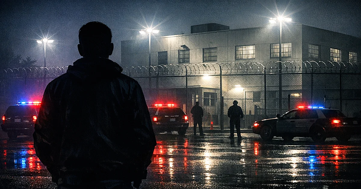 Silhouetted figure facing institutional building with security fencing at night under emergency vehicle lights