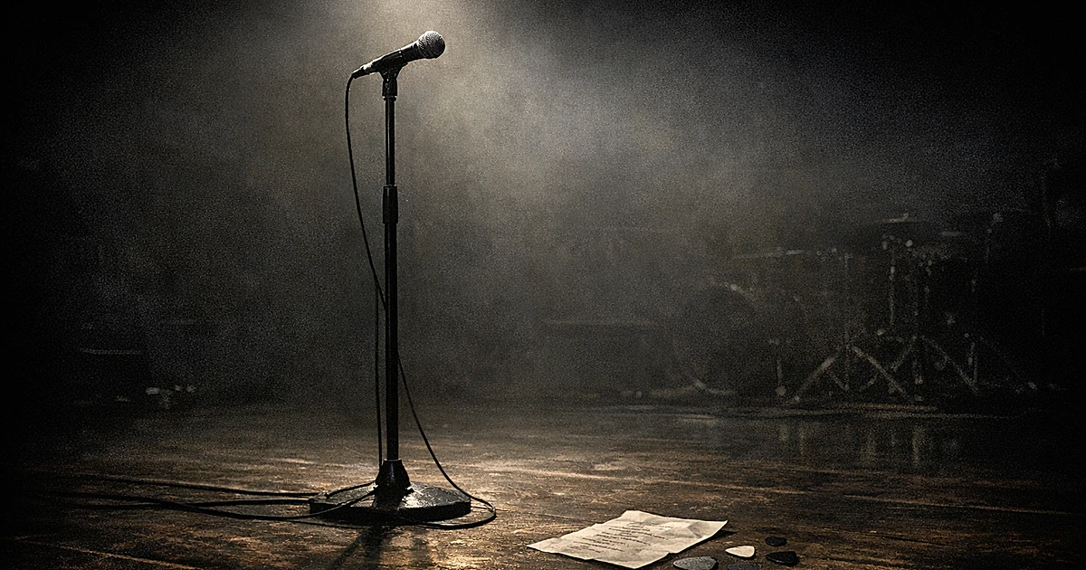 Empty microphone on dark stage lit by single spotlight with scattered guitar picks on floor