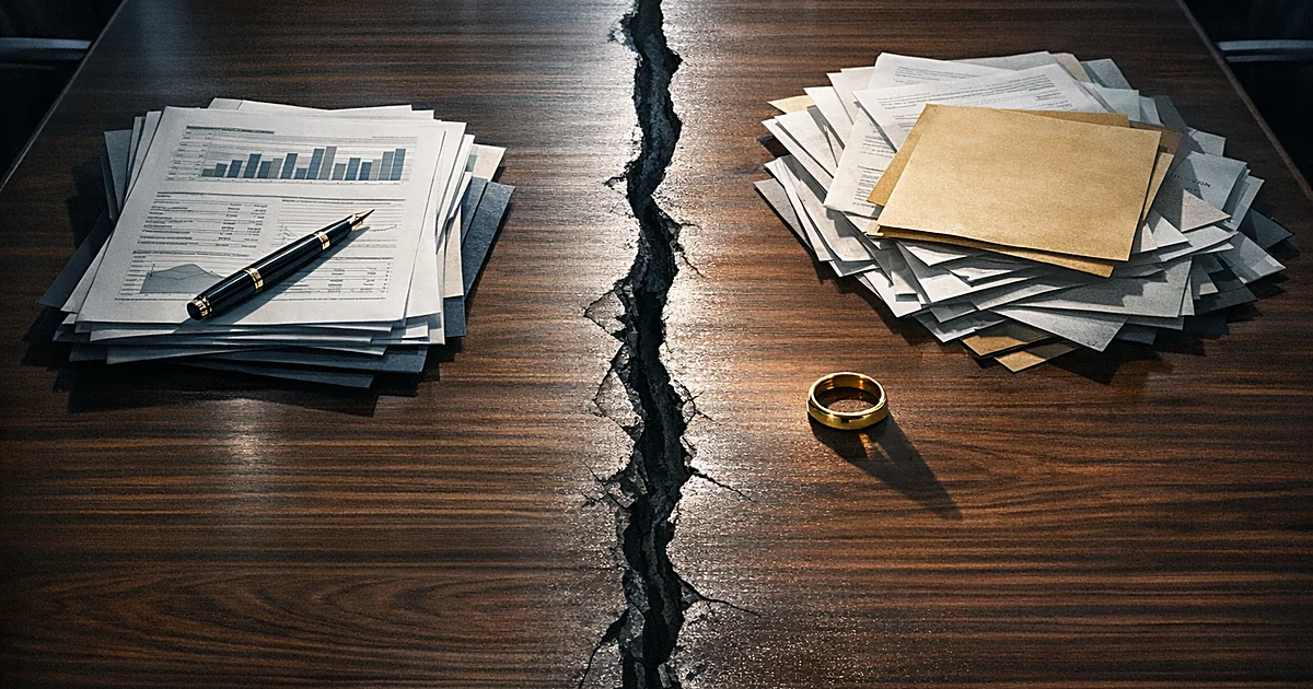 Boardroom table split down the middle with documents, a pen on one side and a wedding ring on the other