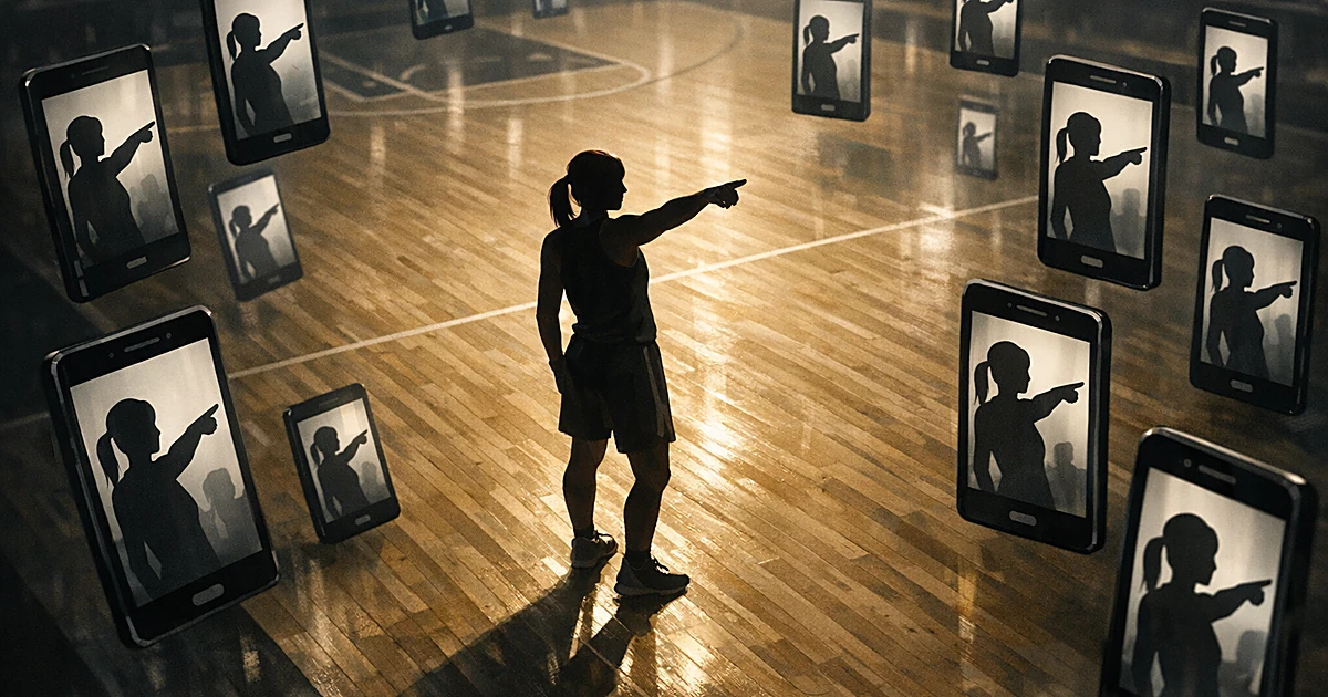 Silhouetted basketball player pointing on court surrounded by floating phone screens showing the same gesture