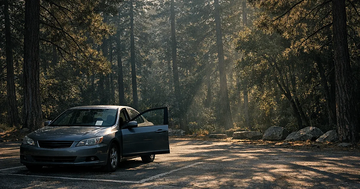 Empty car with open door sits abandoned in wooded mountain parking area with trees casting shadows