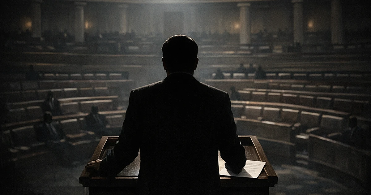 Silhouetted speaker at podium facing empty legislative chamber with document under spotlight