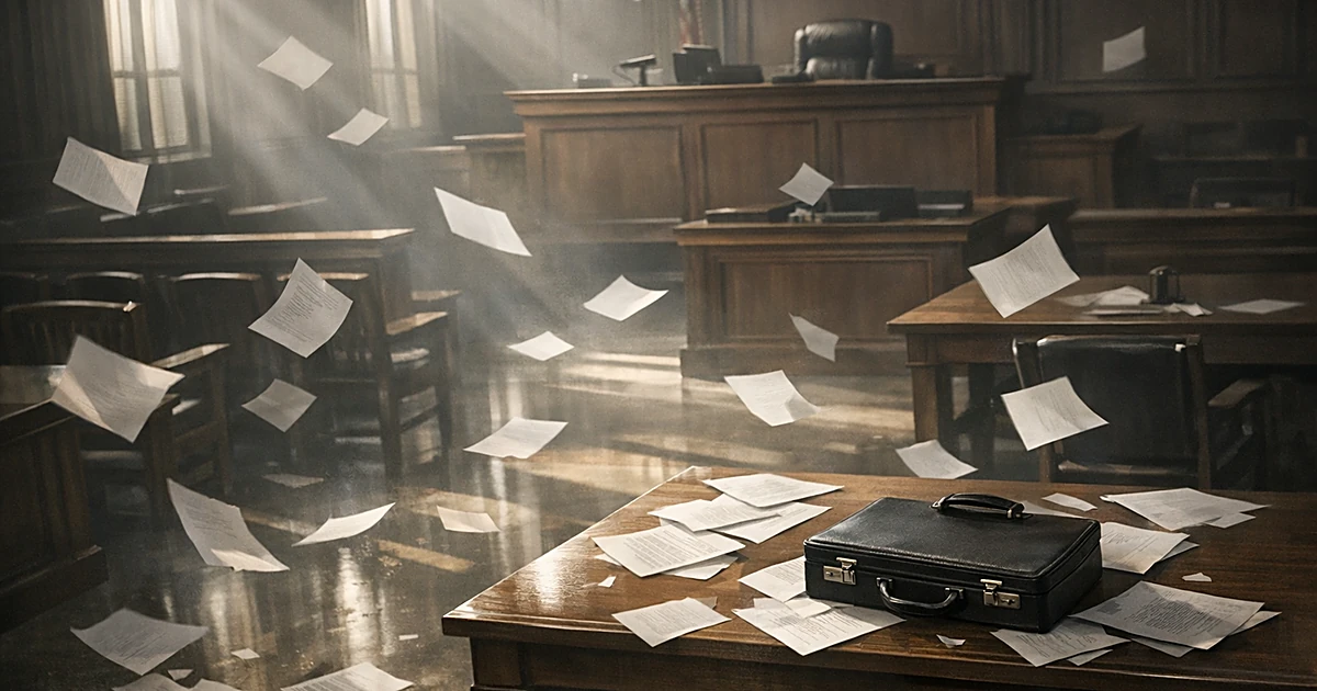 Empty courtroom with legal documents scattered and floating through window light, briefcase on table, vacant judge's bench