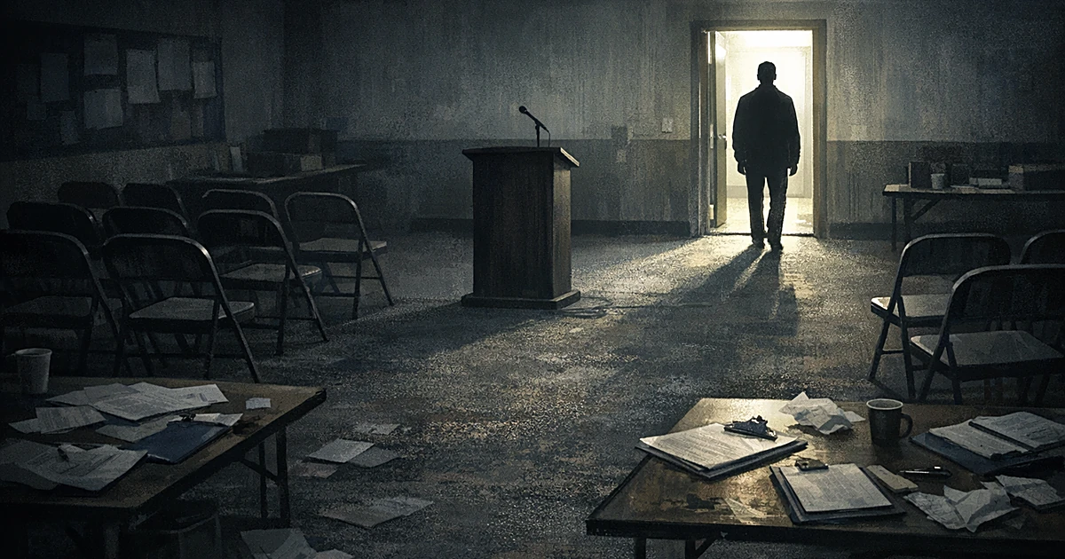 Empty campaign office with scattered papers and lone silhouetted figure in distant doorway