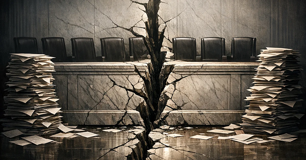 Cracked marble judicial bench split into sections with scattered legal documents, symbolizing court division