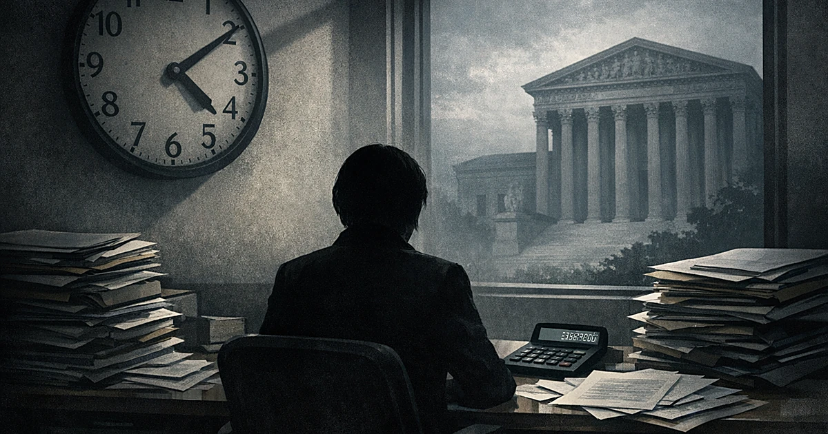 Silhouetted journalist at desk with documents as courthouse looms outside window, clock casting shadow on wall