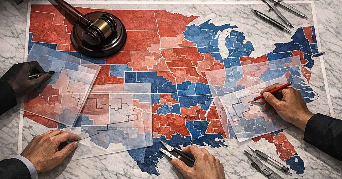 Overhead view of congressional district map being redrawn with gavel casting shadow across state boundaries