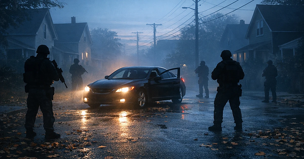 Dark sedan angled on residential street surrounded by silhouettes of law enforcement figures in early morning light