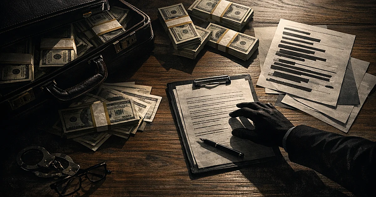 Overhead view of desk with cash stacks, open briefcase, and documents as silhouetted hand reaches toward legal papers