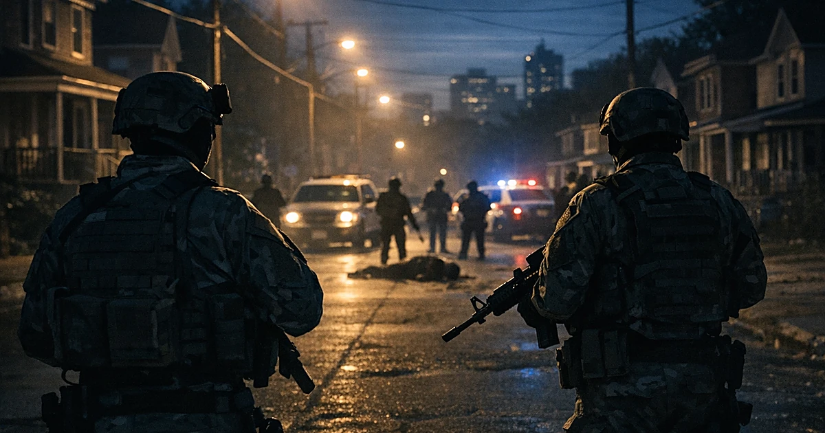 Silhouettes of National Guard troops on a dark Memphis street at dawn during a law enforcement operation