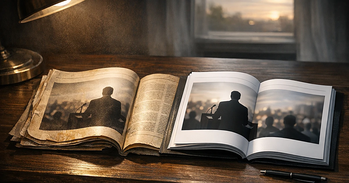 Old and new versions of the same magazine side by side on a desk, showing the passage of time