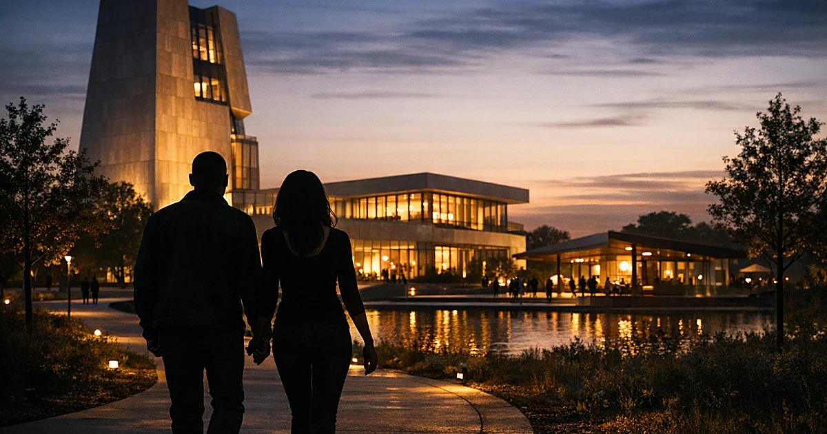 Silhouetted couple walking toward illuminated modern building complex at sunset