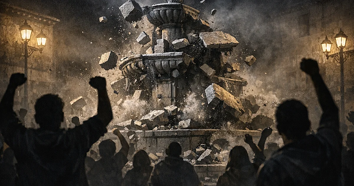 Stone fountain structure collapsing with debris falling as silhouetted celebrating figures stand in foreground