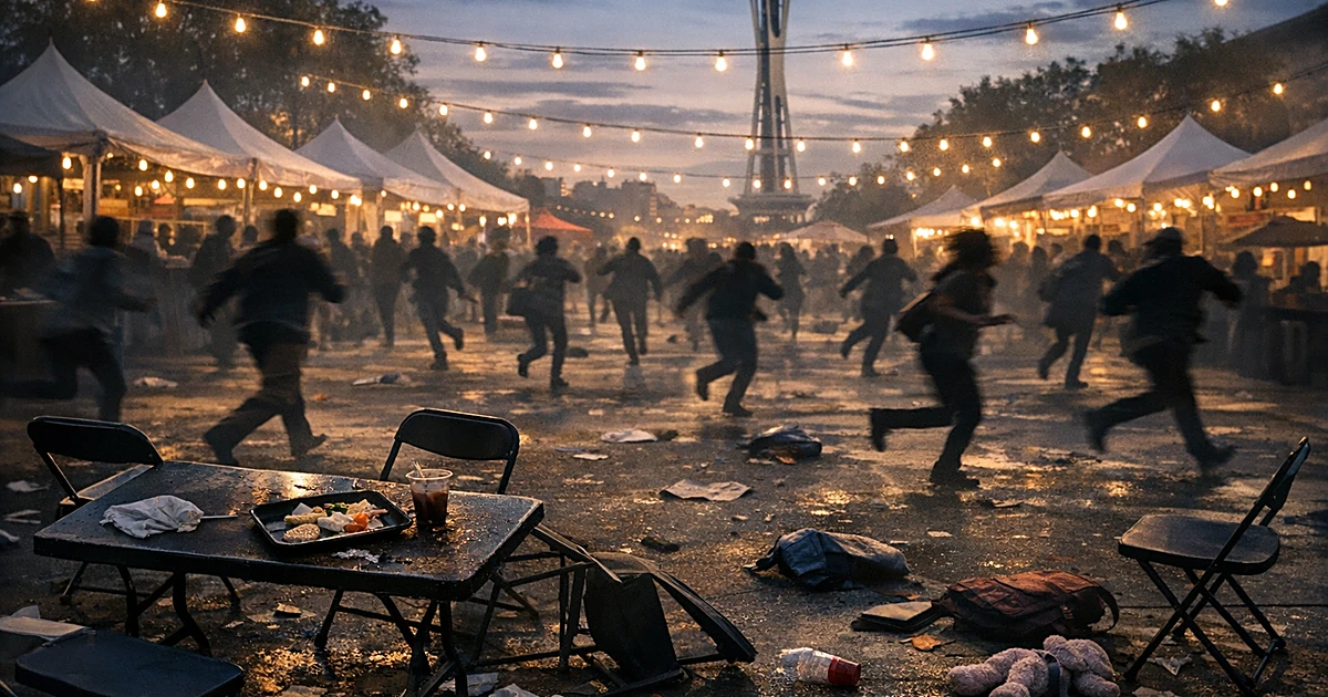Overhead view of abandoned food festival with scattered belongings and silhouettes of people fleeing in panic