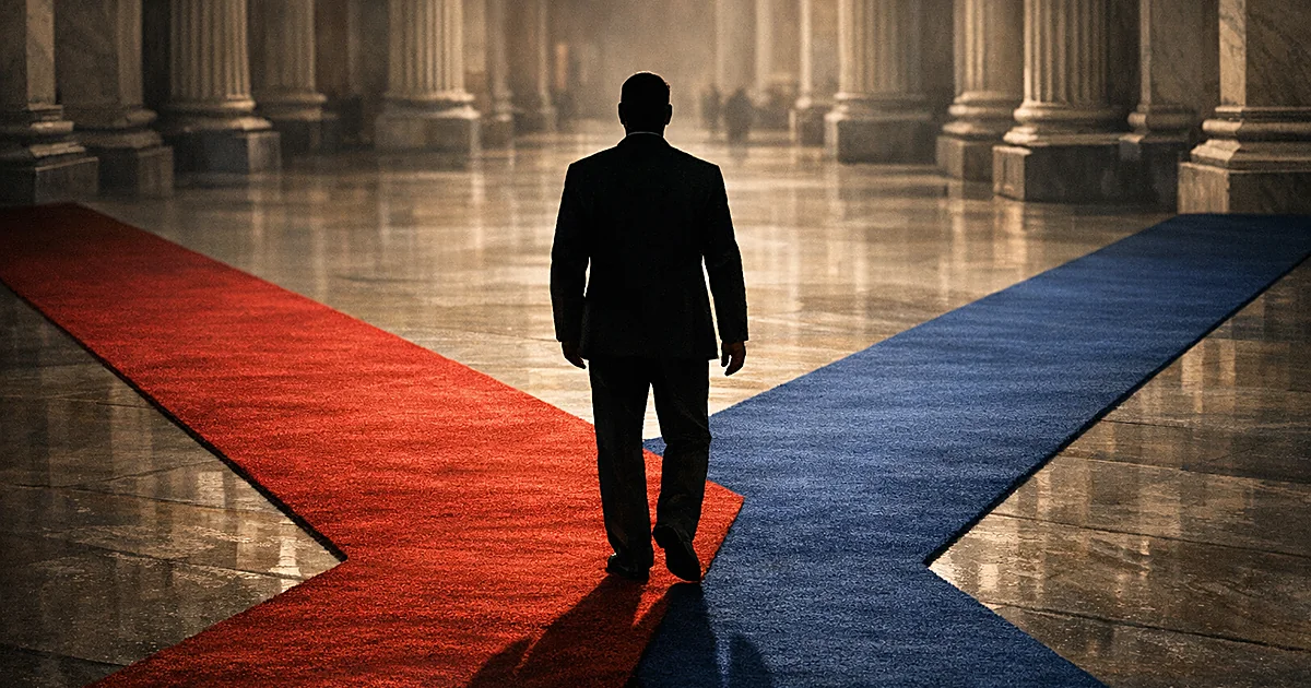 Silhouetted figure at crossroads between red and blue carpets in columned hallway