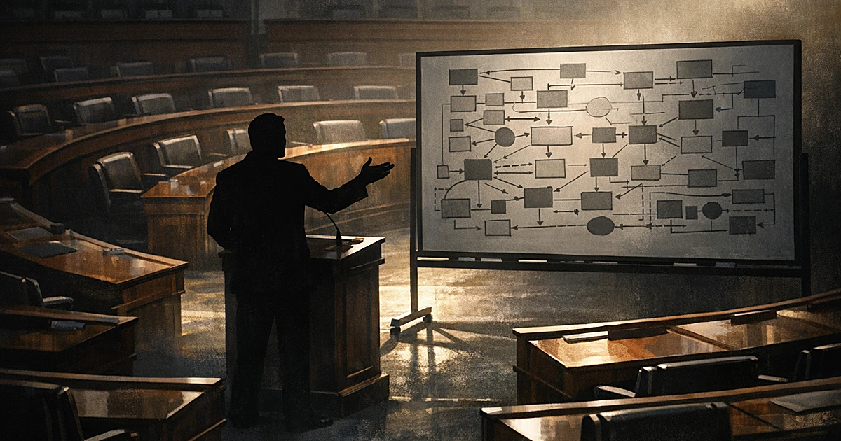 Silhouetted figure at podium gesturing to whiteboard with diagrams in empty legislative chamber