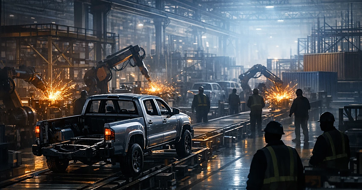 Automotive assembly line with pickup truck chassis and silhouetted workers in an industrial manufacturing plant