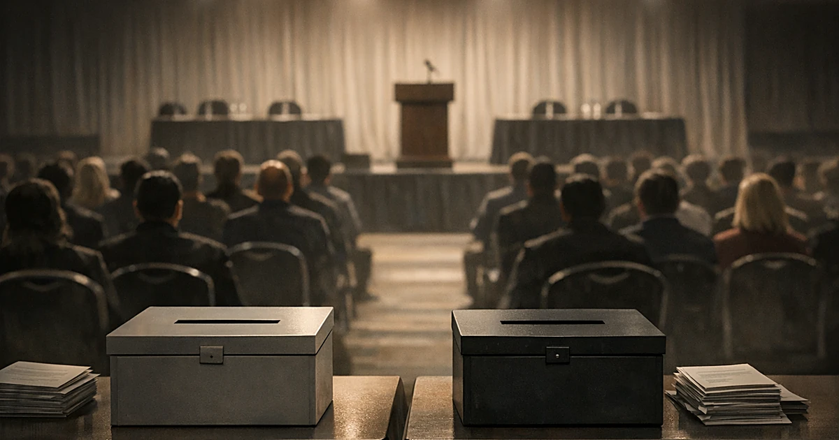 Convention hall with silhouetted delegates seated in rows facing stage with podium and ballot boxes in foreground