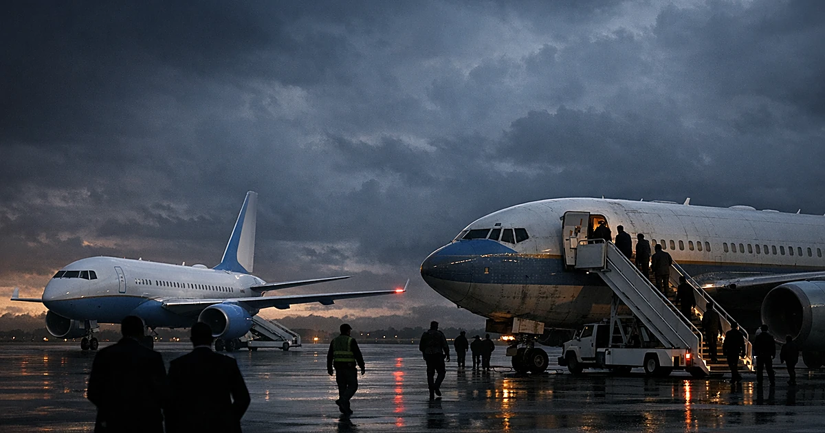 Two presidential aircraft on tarmac at dusk, with crew silhouettes moving toward the older plane