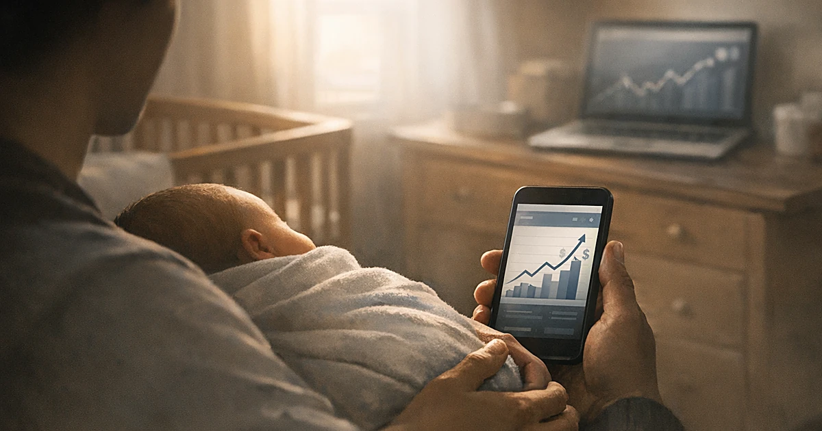 Parent holding newborn while viewing investment account on smartphone in nursery with financial charts in background